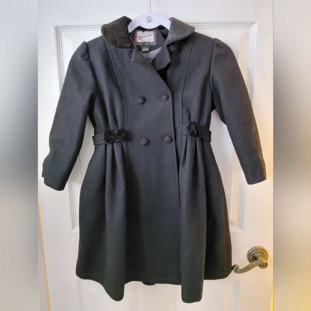 Rothschild Girls Black Wool Blend Double Breasted Coat Size Small Velvet Bows